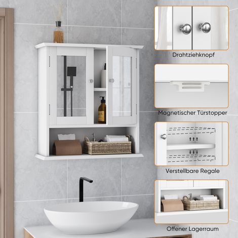 Armoire de salle de bain avec miroir, blanc, rangement médicaments avec étagère réglable, meuble toilette pour buanderie et cuisine (1/5)