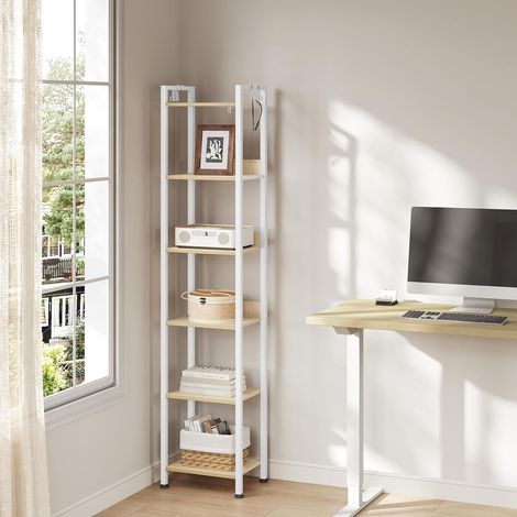 WOLTU Libreria a 6 Ripiani con 4 Ganci, Mensole con Struttura in Metallo, Libreria in MDF per Soggiorno, Cucina, Ufficio, Bianco (1/5)