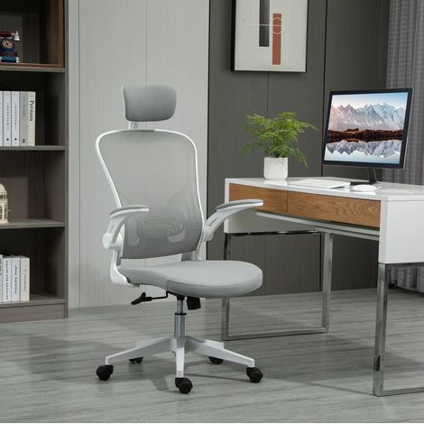 Sedia da ufficio 65x64x114-122 cm grigia in plastica con rete, poggiatesta e funzione oscillante (1/4)