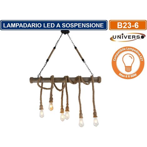 LAMPADARIO A SOSPENSIONE COUNTRY IN CORDA CANAPA BAMBU 6 ATTACCHI E27 360W (1/2)