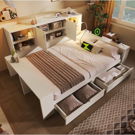 Stauraumbett 140x200 cm Weiß aus MDF und Sperrholz mit USB-/USB-C-Ladeanschlüssen, Schubladen und Stauraum (1/5)