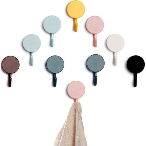 Lot de 10 crochets adhésifs colorés pour serviettes, salle de bain, toilettes, cuisine, bureau. Crochets muraux adhésifs. (1/2)