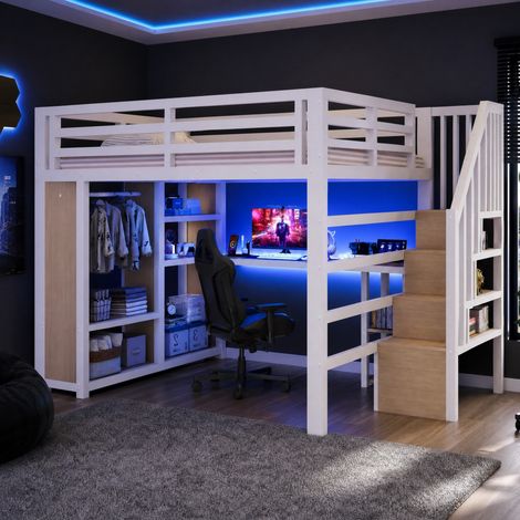 Metall-Hochbett 160x200 cm mit Schreibtisch, LED, USB, offenem Stauraum und Treppe, weiß (1/5)