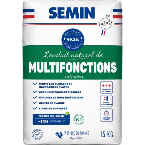 SEMIN Enduit Naturel Multifonction 15 kg - Poudre Intérieur 99,3% Matières Premières Naturelles - Rebouchage, Lissage, Collage Plaques de Plâtre, Carreaux de Plâtre & Béton Cellulaire (1/5)