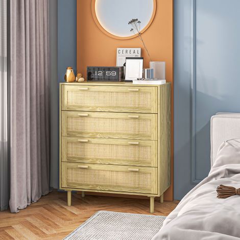 Commode 4 tiroirs meuble de rangement façade tissage en rotin style bohème dim. 90l x 45P x 108.5H cm Aspect Bois Clair