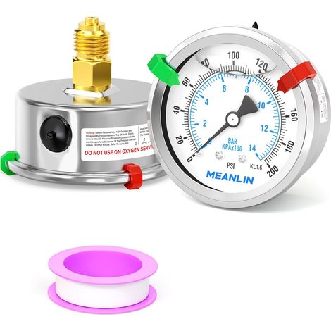 0200PSI Pressure Gauge 2.5" BSP Front Dial 2.5", WOG Liquid Filled Pressure Gauge Stainless Steel Water, Oil, Air, Center Back (with 2 Snaps) (1/5)