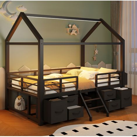 Kinder-Hochbett 90x200 cm aus schwarzem Metall mit LED und Stauraum, ohne Matratze – MEUBLIV (1/5)