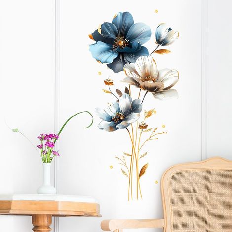 Stickers Muraux Fleurs Bleues Grand Autocollant Mural Floral Papillons Doré Feuilles Plante Décoration Murale Chambre Enfants Salon TV Mur (1/5)