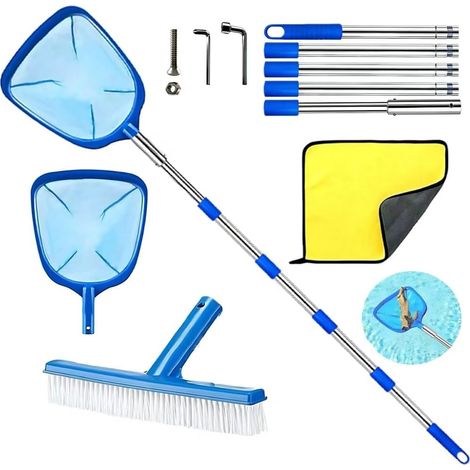 Epuisette Piscine avec Manche Telescopique 225cm, Epuisette Piscine Maille Extra Fine avec Brosse Piscine, Kit de Piscine Nettoyage, avec brosse de piscine et chiffon de nettoyage, pour Piscines