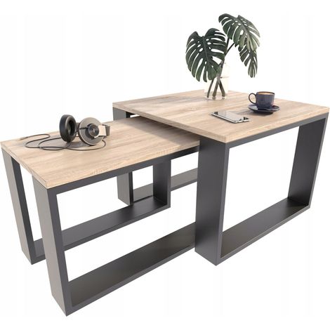 Lot de 2 Table Basses LOFT-PER Sonoma-noir - Table de salon Style contemporain - 60 x 60 x 43.3 cm (1/4)