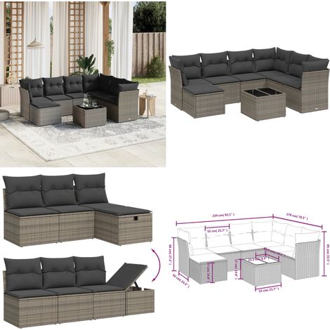 8-tlg. Garten-Sofagarnitur mit Kissen Grau Poly Rattan - Gartenmöbel - Sofagarnitur - Outdoor-Lounge - Rattan Gartenmöbel - PE-Rattan - Home & Living (1/5)