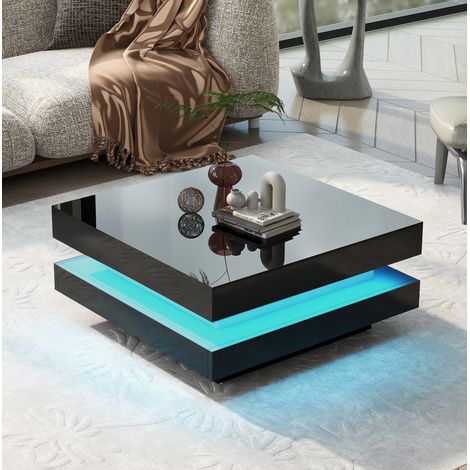 Couchtisch quadratisch aus Spanplatte in Schwarz Hochglanz 70 x 70 cm mit LED und Bluetooth-App (1/5)