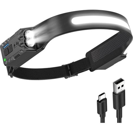 Lampe frontale LED rechargeable, puissante lampe frontale USB étanche 1200 mAh, 8 modes, idéale pour la course, le camping, le vélo, la pêche, la réparation et le jogging. (1/3)