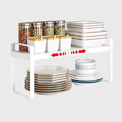 Étagère télescopique extensible pour armoire de cuisine et plans de travail, garde-manger, salle de bain (blanc) (1/4)