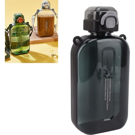 Gobelet plat de 750 ml avec sangle, gourde de sport, gobelet en plastique pour boire directement, noir (1/5)