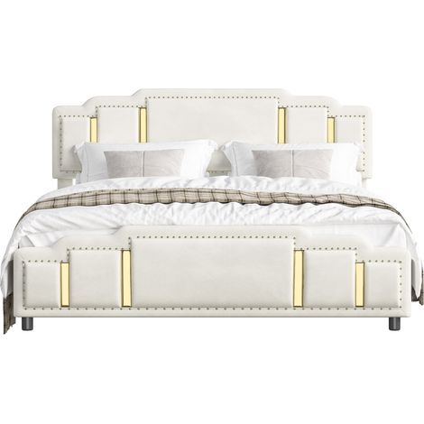 Letto contenitore imbottito 140 x 200 cm in velluto beige con 4 cassetti e profili dorati HOMVRA (1/5)