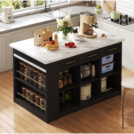 Kücheninsel 150x90x90 cm aus MDF in Schwarz/Weiß mit Ausziehtisch, platzsparend – MEUBLIV (1/5)