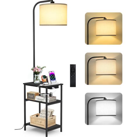 Lampadaire sur Pied avec Table d’Appoint, LED Dimmable avec Télécommande, 3 Températures de Couleur, Table avec Charge USB et Étagère pour Salon Chambre (1/5)