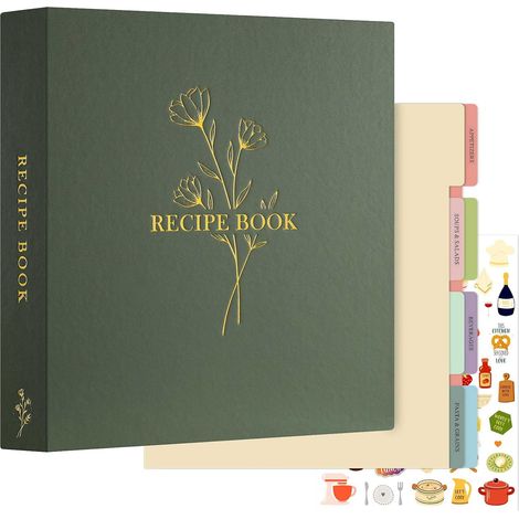 Grand Classeur de Recettes Rigide 3 Anneaux, Classeur Souple avec 8 Intercalaires et 2 Autocollants, Cahier Carnet Recette Cuisine à Remplir, Livre Recette, Vert 30 x 31 cm, Anglaise (1/5)