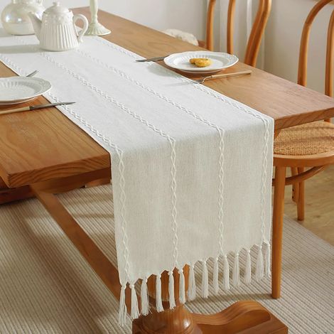 Chemin de table en coton, une pièce, 35 x 228 cm, à rayures et pompons, idéal pour la décoration de mariage et de fête. (1/4)