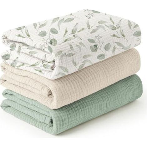 Couverture d'emmaillotage pour bébé, grande couverture d'emmaillotage 100 x 100 cm, ultra-douce et absorbante pour la peau, couverture en mousseline pour bébés (filles et garçons), lot de 3 (1/5)
