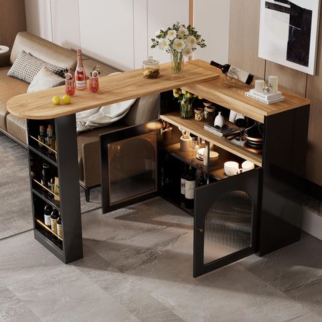 Moderner ausziehbarer Bartisch mit Stauraum und LED Lichtstreifen,drehbarer Bistrotisch,Esszimmer Möbel,Schwarz,138-193x39x105cm (1/5)