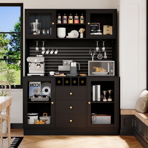 Meuble haut moderne, armoire de cuisine avec éclairage LED intelligent, placard pour salon, meuble latéral avec casier à vin et système anti-basculement, étagères intégrées réglables, noir (1/5)