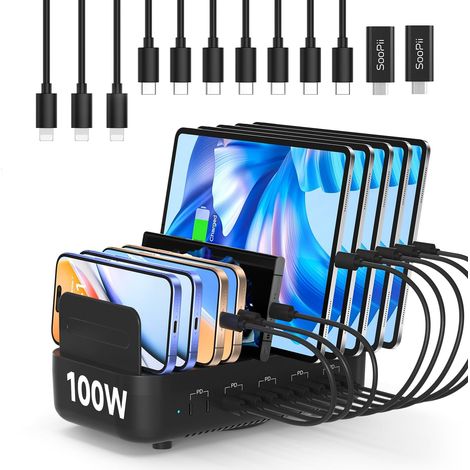 Station de Charge 100 W à 10 Ports USB,10 Ports USB-C,Charge Rapide PD,Compatible avec téléphones,tablettes,et Autres appareils électroniques,10 câbles de Charge Mixtes Inclus(Noir) (1/5)