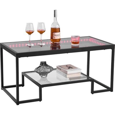 Table Basse en Verre Trempé, Table de Salon Rectangulaire à 2 Niveaux, Meuble de Rangement 100x51 cm, avec Étagère Ouverte, Structure Métallique et Éclairage Intégré, pour Bureau Salon (1/5)