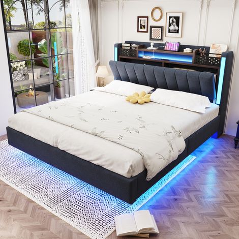 Lit rembourré 140x200 cm avec LED et prise USB, tête de lit avec rangement, lit suspendu, tissu lin gris