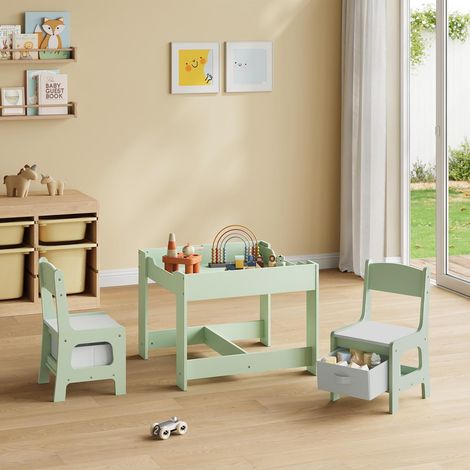 WOLTU Mobili Legno con Lavagna Contenitore Tavolo e 2 Sedie per Bambini Tavolino, Verde + Bianco
