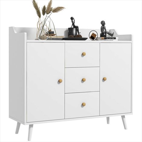 Buffet blanc 2 portes 3 tiroirs en bois massif 90 x 32 x 80 cm (1/5)