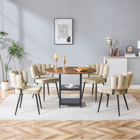 Runder Esstisch 107 cm mit 4 Polsterstühlen in Nussbaum und Hellbraun (1/5)