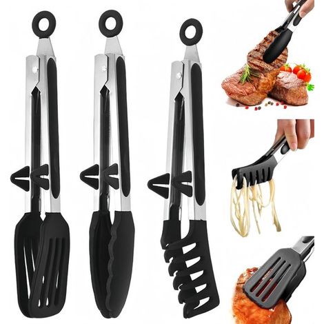 Pinzas de cocina (paquete de 3) de 27 cm, de silicona con soporte. Silicona segura, libre de BPA, antideslizante, ignífuga y lavable a máquina. (1/2)