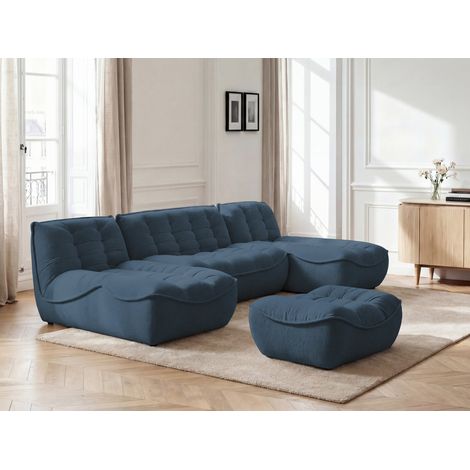BOBOCHIC - Canapé panoramique fixe modulable SERENA tissu chiné avec pouf Bleu (1/5)