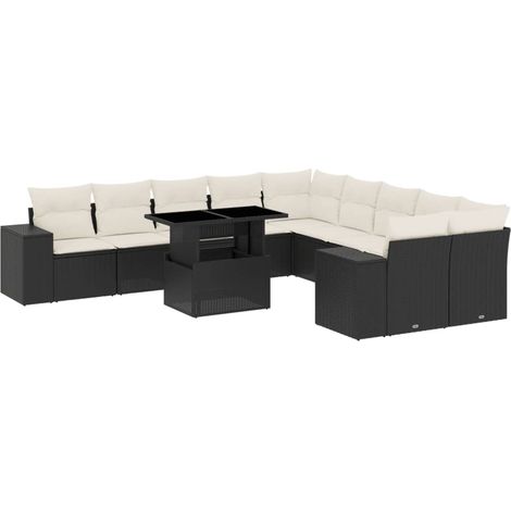 vidaXL Tavolo da giardino - Set Divani da Giardino 11 pz con Cuscini in Polyrattan Nero (1/5)