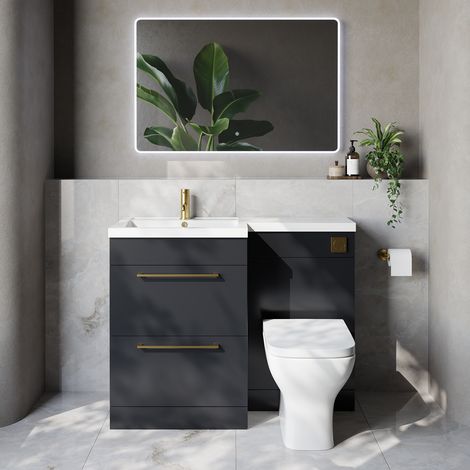 Napoli 460 Gloss Grey 1100mm 2 Drawer Vanity Unit Toilet Suite with Left Hand Square Lucia Basin - 1100mm - Brushed Brass 320mm HandleWith Kingston Toilet Pan and Seat
