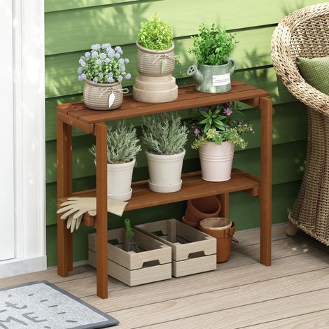 Étagère à Plantes à 2 Niveaux, étagère d'exposition pour Plusieurs Plantes, Pot de Fleurs, Assemblage Facile sans Outils, terrasse, Balcon, Jardin, Bois Clair (1/5)