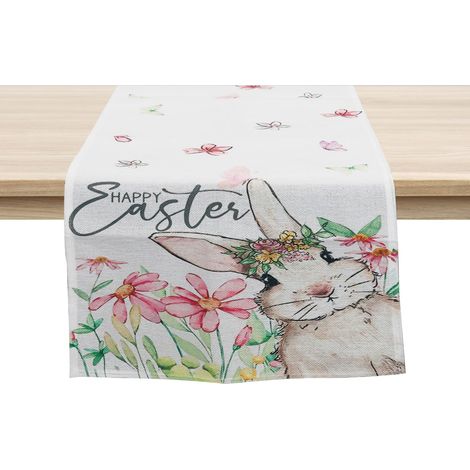 Chemin de Table Lapin de Printemps – Décoration Rustique en Lin Style Ferme avec Motifs Floraux & Papillons, décoration de Table