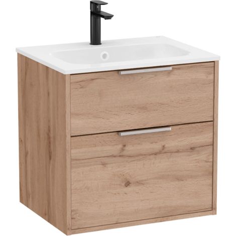 Pack meuble unik "OPTICA" 600 - 2 tiroirs + lavabo plan en Stonex - Noyer - Roca (1/2)