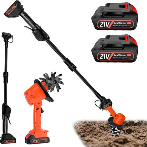 Motobineuse Electrique, 21V Motoculteur sans Fil avec 2 Batteries 3000mAh et 1,3m Manche 4 Lames Métalliques 10cm Largeur de Travail 10cm Profondeur de Travail 235 TR/Min Vitesse (1/5)