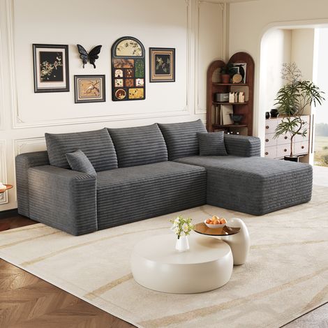 Sofá de salón (241x151x58 cm), tapizado, asiento confortable, tejido de pana, gris oscuro (1/5)