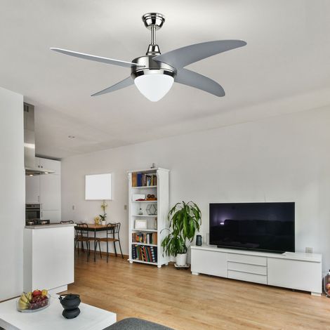 Decken Ventilator mit Fernbedienung Wohnzimmer Lüfter Kühler silber, 3 Geschwindigkeiten Timer, 1x LED, D 107 cm
