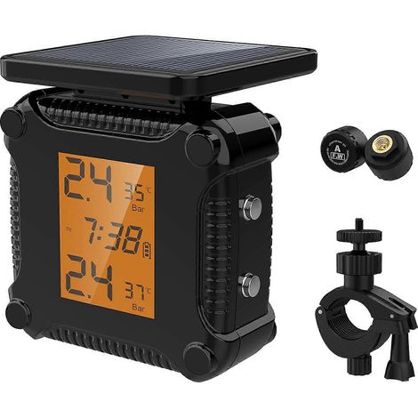 Sistema inalámbrico de monitoreo de presión de neumáticos para motocicletas, 2 sensores externos, visualización en tiempo real de temperatura y presión. (1/5)