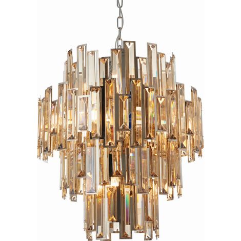 Endon Lighting Viviana - Pendentif Plaque Effet Chrome & Cristal Champagne (K9) Drops 12 Lumière Dimmable IP20 - E14 (1/5)