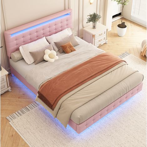 letto matrimoniale 140x200 LED PU rosa flottante HAVRYA (1/5)