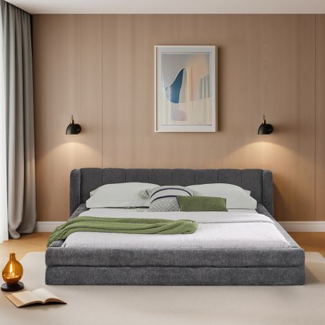 Lit adulte - lit 160x200 cm - dossier confortable - structure en métal, tissu chenille - gris foncé - sans matelas (1/5)