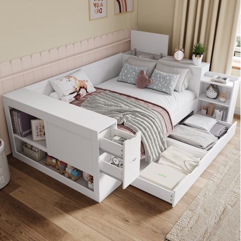 Cama daybed multifuncional 140x200 cm blanca de MDF con cajones, almacenaje y mesita, sin colchón (1/5)