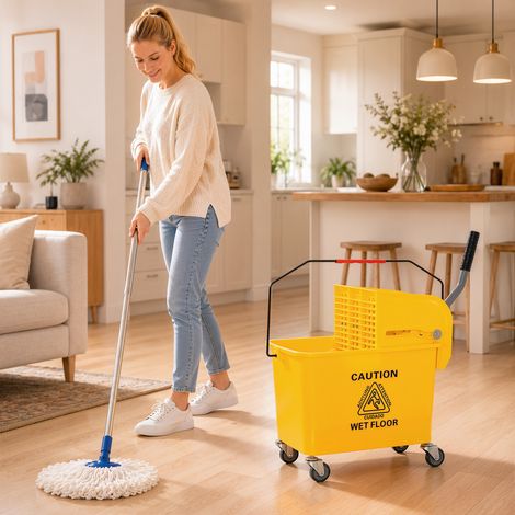 Seau à Serpillière 20L avec Roues et Essoreuse Seau pour Balai à Franges avec Séparateur d'Eau 60x27x70,5 cm Jaune (1/5)