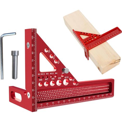 1 - Équerre de combinaison 3D - Rapporteur d'angle - Mesure précise 15-90 degrés - Pour menuiserie et travail du bois - Rouge - 15x15 cm (1/5)